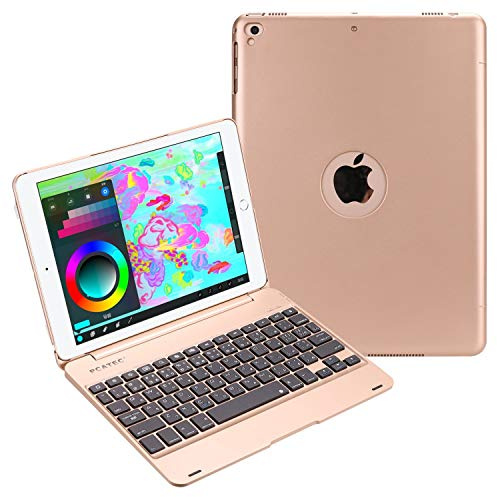 PCATEC Funda para teclado para iPad 9.7 2018/2017, funda con función atril, funda inalámbrica Bluetooth para teclado con apagado y encendido automático (para iPad 9.7/iPad5, dorado)