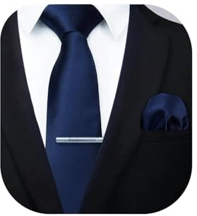 HISDERN Corbata de boda Azul marino asargada Hombres clasico Corbata & Plaza de bolsillo Conjunto de clip