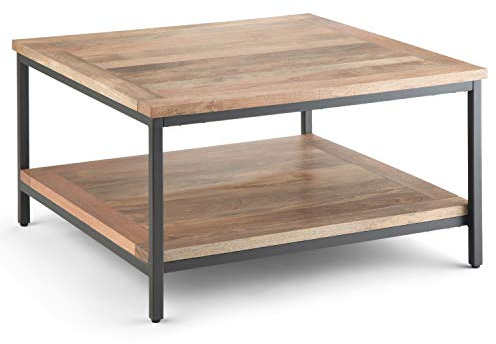 SIMPLIHOME Skyler Square Coffee Table - 34 inch Wide Solid Mango Wood and Metal Living Room Table in Natural, Industrial Center Table for Family Room or Lounge with Open Shelf and Black Frame