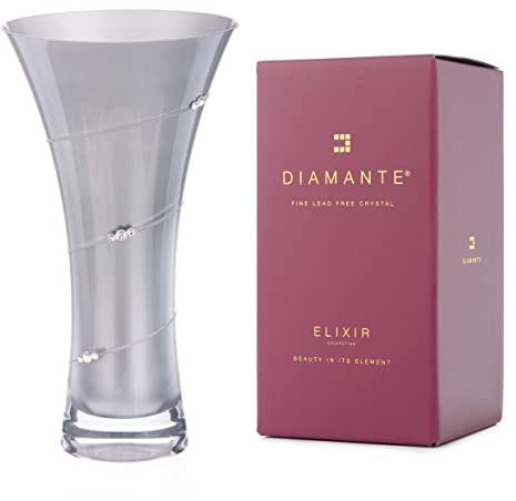 DIAMANTE Metallic Silver Trumpet Flared Vase with Crystals - 25cm