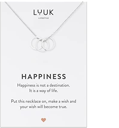 LUUK LIFESTYLE Halskette aus Edelstahl mit Anhänger und HAPPINESS Spruchkarte, Freundschaftskette, Geschenk zum Geburtstag, Damenschmuck, Silber, Gold, Rosé