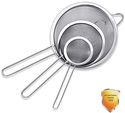 Tiawudi 3 Pack Stainless Steel 18/8 Extra Fine Double Mesh Strainers, Large, Medium & Small Sifters, Ideal for Pasta, Rice, Tea, Spaghetti, Quinoa, Baking