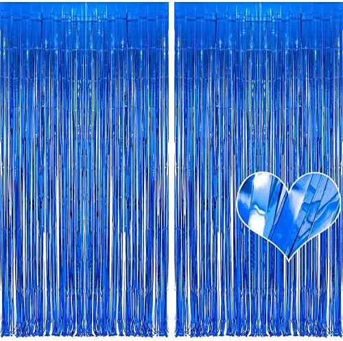 2 Pack Foil Fringe Curtain 3ft x 6.5ft, Metallic Tinsel Backdrop Streamers for Party, Birthday, Wedding, Graduation Decorations (Blue)