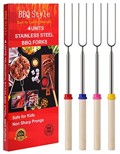 Marshmallow Toasting Forks, Telescoping Smores Sticks for Fire Pit, Marshmallow Roasting Sticks Barbecue Forks for Hotdog Hot Dog Bonfire Smores Skewers for Open Fire Pits Campfire Camping, 4 PCS