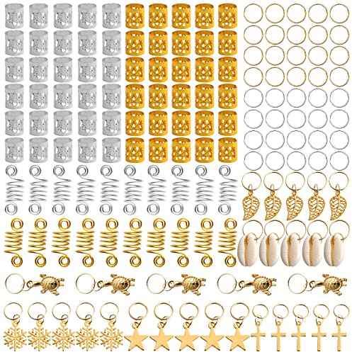 VEGCOO 150 Stück Dreadlocks Haarschmuck Set, Haarperlen zum Klipsen Set, Braids Haarperlen Haarringe für Zöpfe, Braids Schmuck Gold und Silber, Festival Haarschmuck für Männer und Frauen