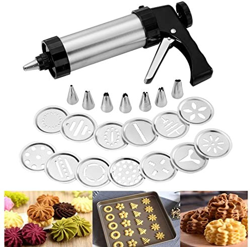 Prensa para galletas, jeringa para pastelería, de acero inoxidable, juego de decoración, máquina de glaseado, para pasteles, galletas, DIY, 13 plantillas, 8 boquillas