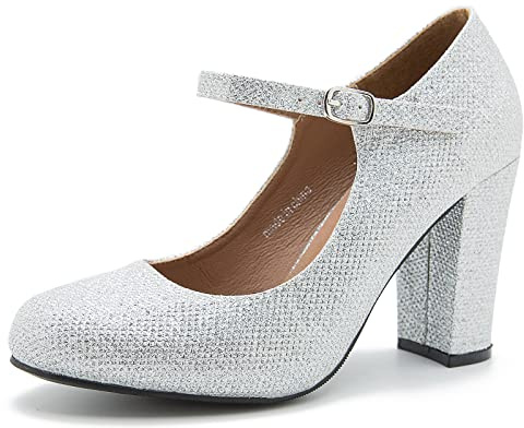 MAIERNISI JESSI Women's Mary Jane Pumps, Closed Round Toe, Block Heel with Ankle Strap Buckle, 3.54 Inch High Heel Glitter Silver US 7.5