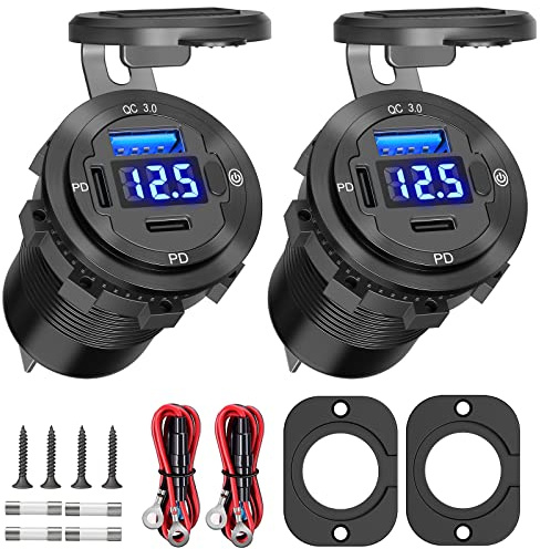USB C Car Charger Socket 12V USB Outlet 2 Pack: Aluminum Metal 78W Dual PD 30W and 18W QC3.0 Port Multi Charger Outlet with LED Voltmeter Power Switch for RV Motorcycle Boat Marine