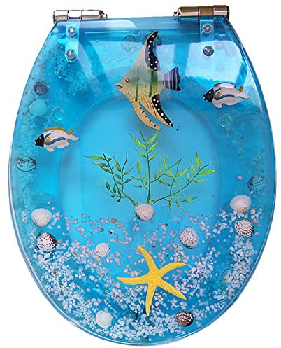 WC-Sitz aus Kunstharz, rund, Ocean-Serie, schwerer, länglicher WC-Sitz mit Absenkautomatik, entfernen, für Standard-Toiletten (in drei Farben erhältlich), Fisch little