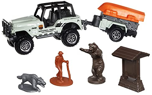 Matchbox Hitch & Haul Die-cast Vehicle Playset - Boating Bear Adventure ~ 6 Piece Set ~ Car CJ7 ~ Includes Trailer Trawler with Boat, Hiker, Bear, Wolf and Trailhead Sign