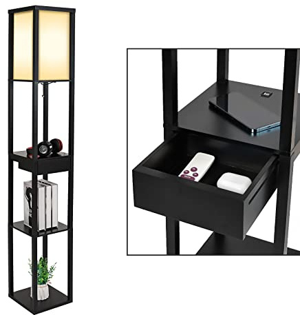 YU YUSING Stehlampe mit Holzregal 2 USB-Ladeanschlüsse und 1 Schublade Innenbeleuchtung 1,6m Holz Stehleuchte mit Regalen für Schlafzimmer und Wohnzimmer, schwarz