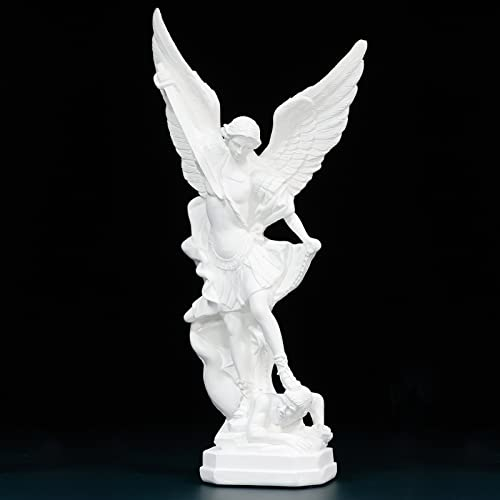 12.4in White San Miguel Arcangel Statue, St Michael Defeating Satan Figurine, Resin Saint Archangel Collection, Religious Angel for Decor