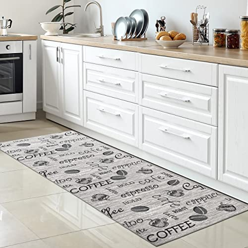 CARPETIA Küchenläufer Coffee-Schriftzug Grau Schwarz rutschfest 80x300 cm | Rutschfest, pflegeleicht, schmutzabweisend und langlebig, OEKO-TEX geprüft, für Fußbodenheizung, Küche & Flur