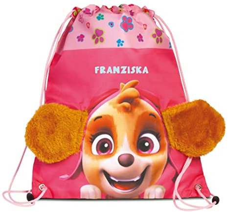 Turnbeutel Paw Patrol Mädchen mit Name Skye | Personalisierter Schuhbeutel Kinder Hunde | Sportbeutel zum Zuziehen Kinder-Rucksack | Mit 3D Ohren aus Stoff Plüsch