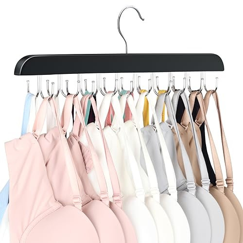 Bra Hanger with Premium Wood, 16 Large Capacity, Space Saving,360° Rotating, Foldable Metal Hooks, Resovo Camisole Organizer for Bras Tank Tops, Bathing Suits, Scarfs… (1, 1 Pack Black)