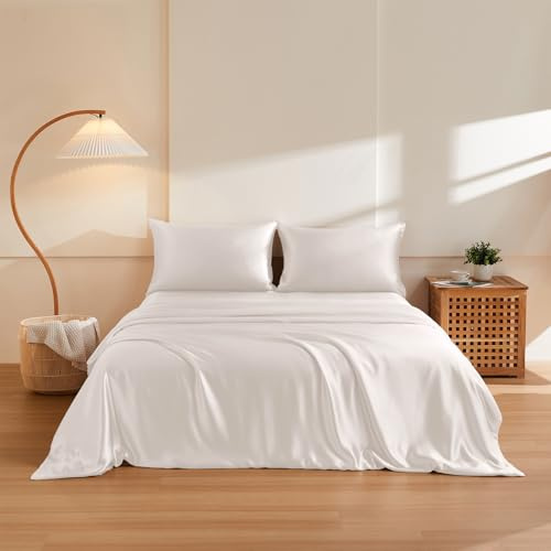 THXSILK 100% Pure Mulberry Silk Duvet Cover Set 3 Piece, 6A+ Grade Luxury Soft Bedding Silk Sheets for Hair and Skin, 1 Pcs Duvet/Quilt/Comforter Cover with 2 Zippered Pillowcases (Cream White, King)