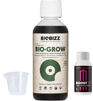 GROWMANIA Bio Grow Dünger von BioBizz 500 ML + Boost Up Probe von Up Nutrients + Messbecher | 100% Organischer Dünger für die Wachstumsphase von Pflanzen und Kulturen | Substrat für alle Bodenarten
