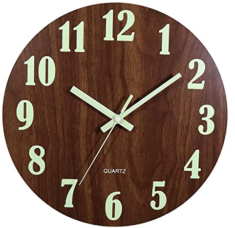 Lrtzizy Reloj de Pared Luminoso, Relojes de Pared de Cocina Silenciosos de Madera de 12 Pulgadas Que No Hacen Tictac para Sala de Estar Interior/Exterior