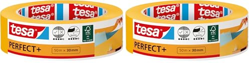 tesa Malerband Perfect+ - Malerkrepp aus dünnem Washi-Papier zum präzisen Abkleben bei Malerarbeiten - für den Innenbereich - 50 m x 30mm (Packung mit 2)