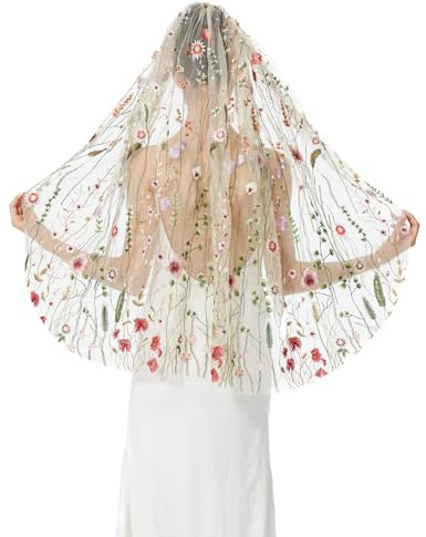 BEAUTELICATE Brautschleier Tüll Schleier mit Blumen Stickerei Böhmischer Schal für Braut Hochzeit Karneval Schwarz Weiß mit Metall Kamm 1 Schicht Walzerlänge Fingerspitzen Länge