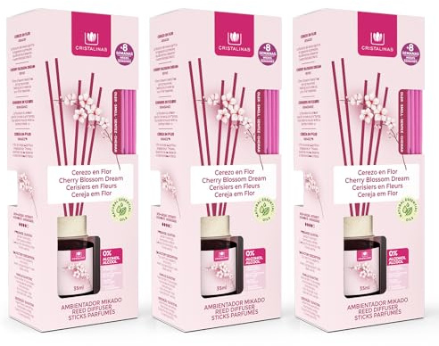 CRISTALINAS | Pack 3 Ambientador Mikado | 100% Puro | Larga Duración 8 Semanas | 3x35ml | 0% Alcohol (Cerezo, 3x35ml)