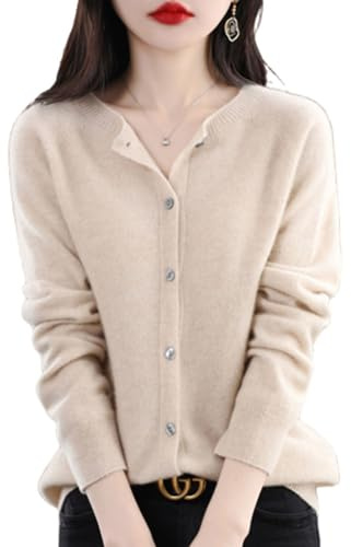 TeysHa Kashmirtröja för dam, långärmad kofta av ull med knappslå och rund hals, mjuka, varm, stickad, elastisk, beige, storlek S, BEIgE, S