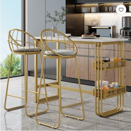 Idemon 3 teiliges Set mit 1 Bartisch(120×48×100cm) und 2 Barstuhl, Moderner Bartisch-Set, Grau Samtpolsterung und Gestell aus goldfarbenem Eisen,mit Regalen (3)