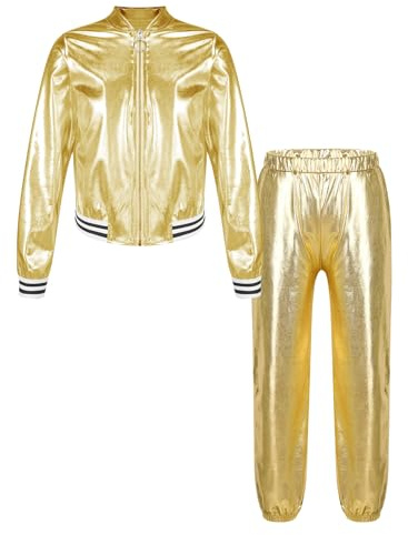 Miaeowve Kids Girls Metallic Hip Hop Tracksuit Shiny Metallic Jacket and Modern Dance Pants Set 2 Piece Dance Outfit Gold 13-14 Years