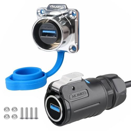 CNLINKO LP-24 USB3.0 Steckerset, Typ A Buchse, Stecker mit 20 Zoll Kabel, Panel Mount Receptacles Buchse IP68 Data Wasserdichter Steckverbinder M24 (USB Set)