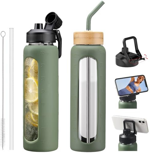 NOLOGLAZIC 32oz Glass Water Bottle with Straw and 2 Lids- Bamboo and Spout Lid,Motivational Sports Water Bottle with Silicone Sleeve and Time Marker,Reusable for Gym, Outdoors, Olive