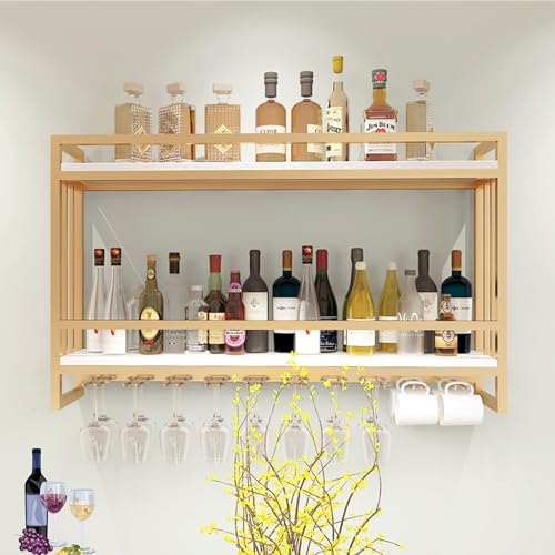 Botellero Vino Pared Mueble Bar Garrafeira de Vino Wine Rack Mini Bar para Casa con Colgador Copas Botellero Pequeño Estantes de Almacenamiento para Bar Sala de Estar y Cocina Vinoteca(Gold,60*20*61cm