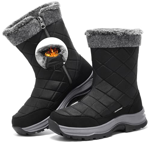 TLOLA Winterstiefel Damen Wasserdicht Schneestiefel Booties Damen Mid Calf Fell gefüttert Warme Stiefel Rutschfest Zipper Outdoor Bequeme Winterschuhe