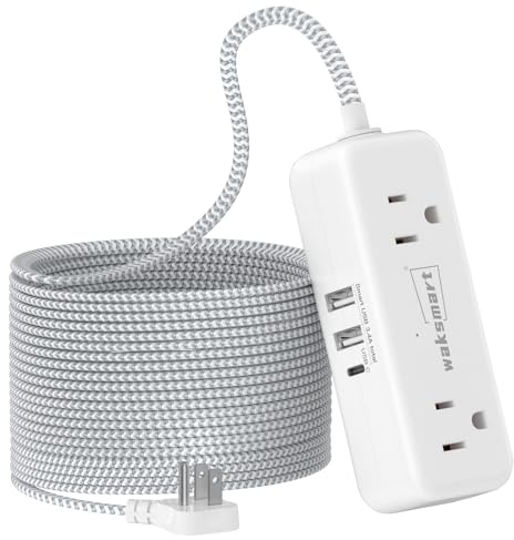 Flat Extension Cord 25 FT with 4 AC Outlets 3 USB Ports (5V/3.4A 17W), 25Ft Long Braided Cord for Home Office Dorm