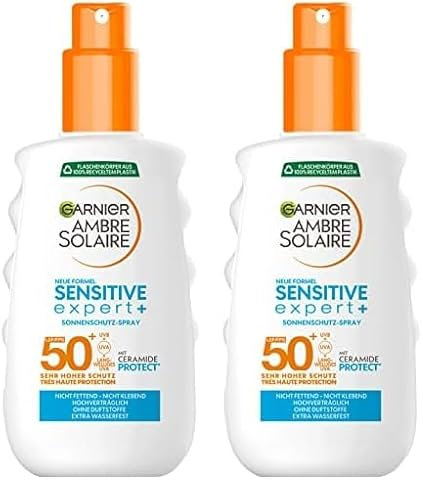 Garnier Sonnenschutz-Spray mit LSF 50+, Wasserfestes und rückstandsloses Spray für empfindliche Haut, Ambre Solaire Sensitive expert+, 1 x 150 ml (Packung mit 2)