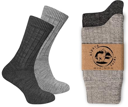 Wonky Line Alpacka Ullstrumpor 2-Pack - Termiska Strumpor för Män & Kvinnor - Varma, Andningsbara, Vandring & Vinter - Grå-antracit - 43-46