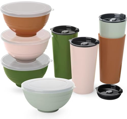 Greentainer Set di 4 ciotole e tazze infrangibili per cereali, con coperchi, ciotola leggera in plastica e tazza, lavabili in lavastoviglie e adatti al microonde, stoviglie da campeggio, servizio per