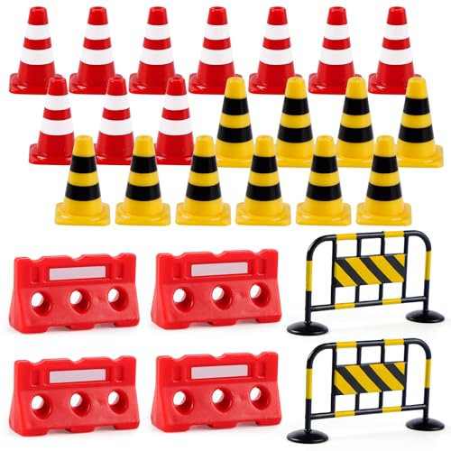AIZHAZHA 26 Pieces Mini Panneau Signalisation Mini Panneaux de Circulation Jouets Miniatures Panneaux de Blocs Routiers Jouets Miniatures Cone de Chantier Cone de Signalisation