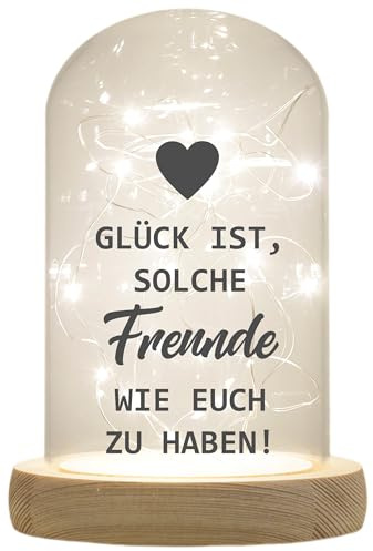 WB wohn trends LED-Glaskuppel, Glück ist solche Freunde wie euch zu haben, 16,5x11cm, Glasglocke mit LED-Licht und Holz-Fuß LED-Laterne LED-Lampe mit Text Spruch
