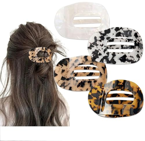 Yeomju 4 Stück Acetat Flache Haarklammern,Flat Claw Clip für Damen, Schildpatt Leopard Lay Down Haarklammer für dickes und dünnes Haar, Bequeme, gebogene flache Clips
