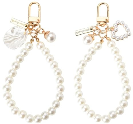 Lilbitty 2 Stück Perlen Schlüsselanhänger Gold Mit Exquisitem Armband-Design, Eleganter Taschen Anhänger, Ideal Als Bag Charm Oder Schlüsselanhänger Für Frauen