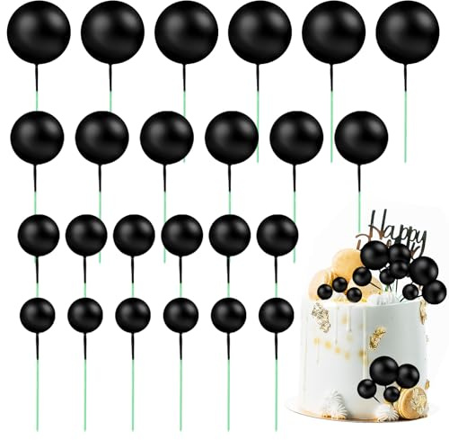 Oruola 24 Stück Schwarze Streusel, 4 Größen Kuchendekoration, Schwarze Kugeln Torten Deko, Tortendeko Kugeln Cake Topper für Dekoration von Torten Hochzeit Babyparty Geburtstag Party Jahrestag