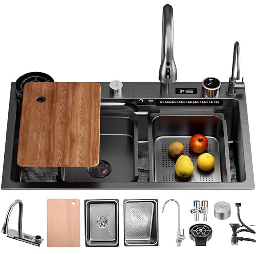 Fregadero de cocina con cascada, 80 x 50 cm, acero inoxidable, color negro y gris, 1 fregadero empotrable, incluye grifo extensible para cocina, 2 cestas de goteo, tabla de cortar, sifón, juego de