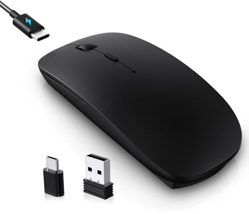 RaceGT Ratón Inalámbrico Recargable USB C+USB A, Ratón Ergonómico Inalámbrico Silencioso, 2.4G Ultra Delgado con 2 Receptores para PC, Mac, MacBook Air/Pro, iPad