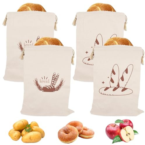 Set di 4 sacchetti per il pane in lino, riutilizzabili, con cordoncino, grandi, non sbiancati, per pane, baguette, pane fatto in casa e altri alimenti, anche per frutta e verdura (30 x 40 cm)