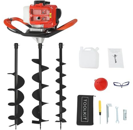 DAOHHFO 2.3HP Petrol Post Hole Digger, 52CC Gas Post Hole Borer Fence Earth Auger Digger+3 Drill Bits& 12 Extension, Air Cooling Auger Digging Machine Set Ideal for Fence Garden Farm Plant