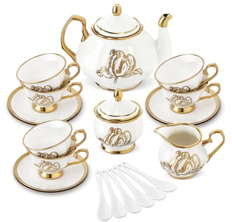 fanquare Servizio da Tè in Porcellana Britannica da 21 Pezzi, Set da Tè Gold Tulip per il Tè Pomeridiano, 6 Tazze da Tè e Piattini per Caffè a Casa, Matrimonio, Compleanno