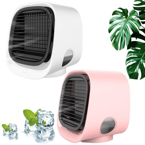 Climatiseur, Mini Ventilateur De Climatisation Portable Usb, Climatiseur Portable, 3 Vitesses & Veilleuse ColoréE, Pour Bureau Chambre, Bureau Et Camping (Blanc+Rose)