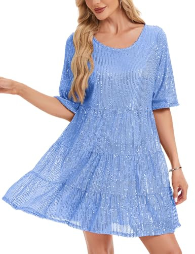 Sequin Glitter Dress Women Casual Party Short Sleeve Sparkly Midi Dresses | Sequin Glitter Dress Full Body Sparking Midi Dresses Women UK Casual Party Short Sleeve Flowy Tiered Tunic Night Out Wear