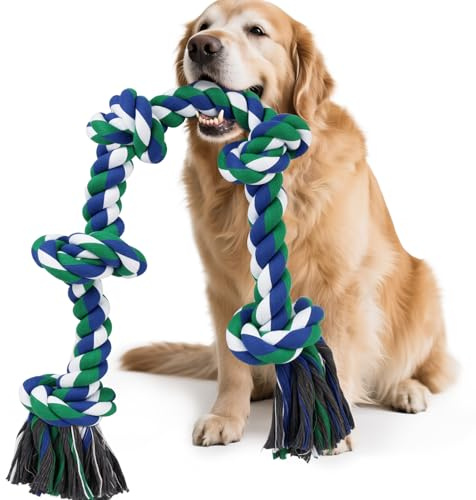 SZEE Dog Rope Toy for Large Dogs, 37 Inch 5 Knots, Tug of War Rope for Large Breeds, for Energy Release & Boredom Relief (Green & Blue)