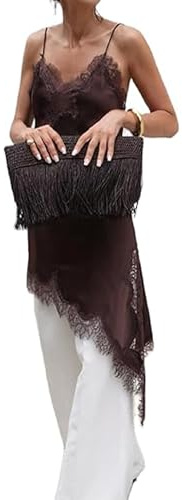 Women Satin Long Lace Cami Top Y2K Silk Spaghetti Strap Side Split Asymmetrical Tank Tops Dress Flowy Silky Layering Tops Nightwear (A-Coffee, M)